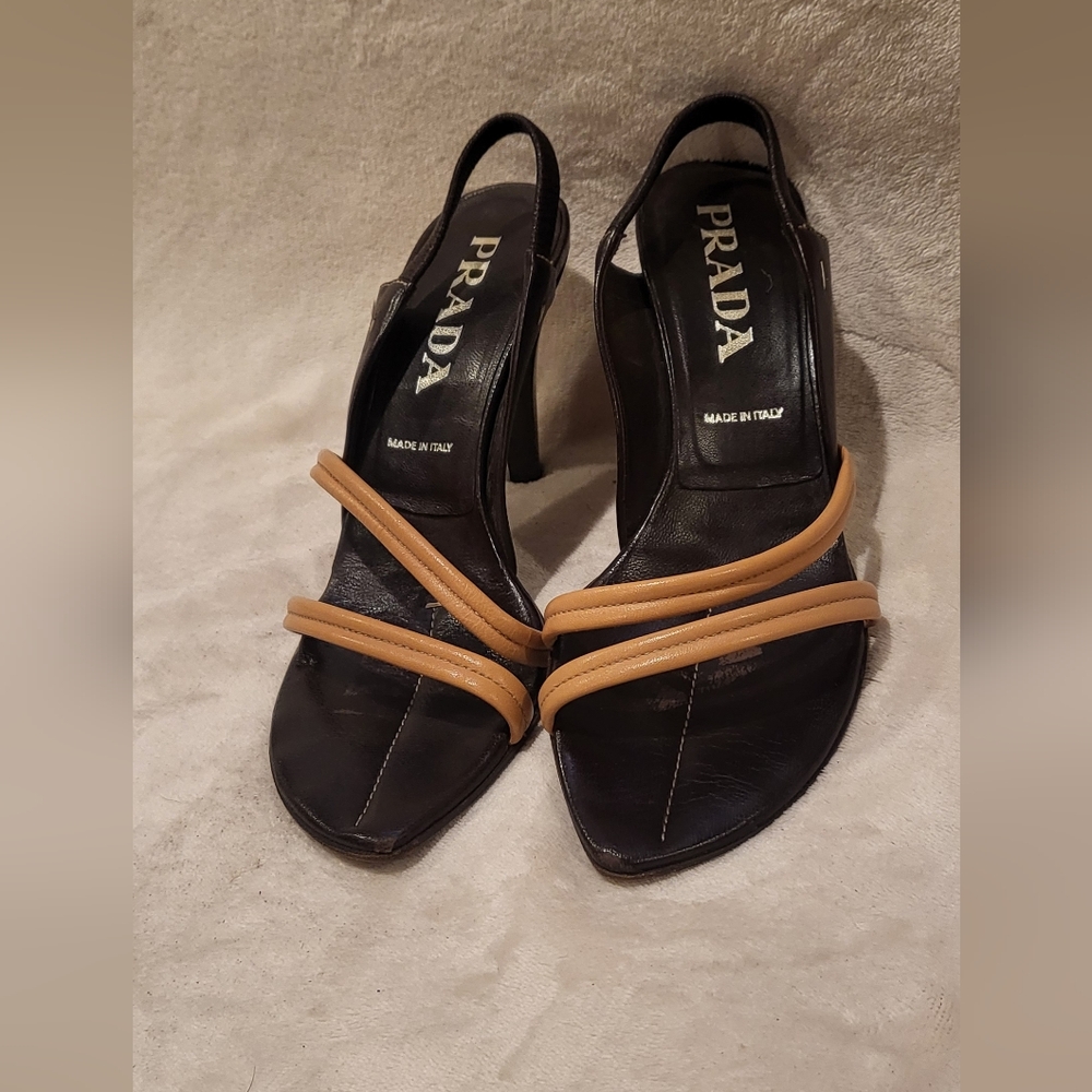 Prada Women's Black and Tan Strappy Heels